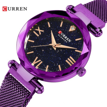 CURREN 9063 Luxury Women Watches Mesh Ladies Clock Magnet Buckle Starry Diamond Geometric Surface Casual Dress Quartz Wristwatch